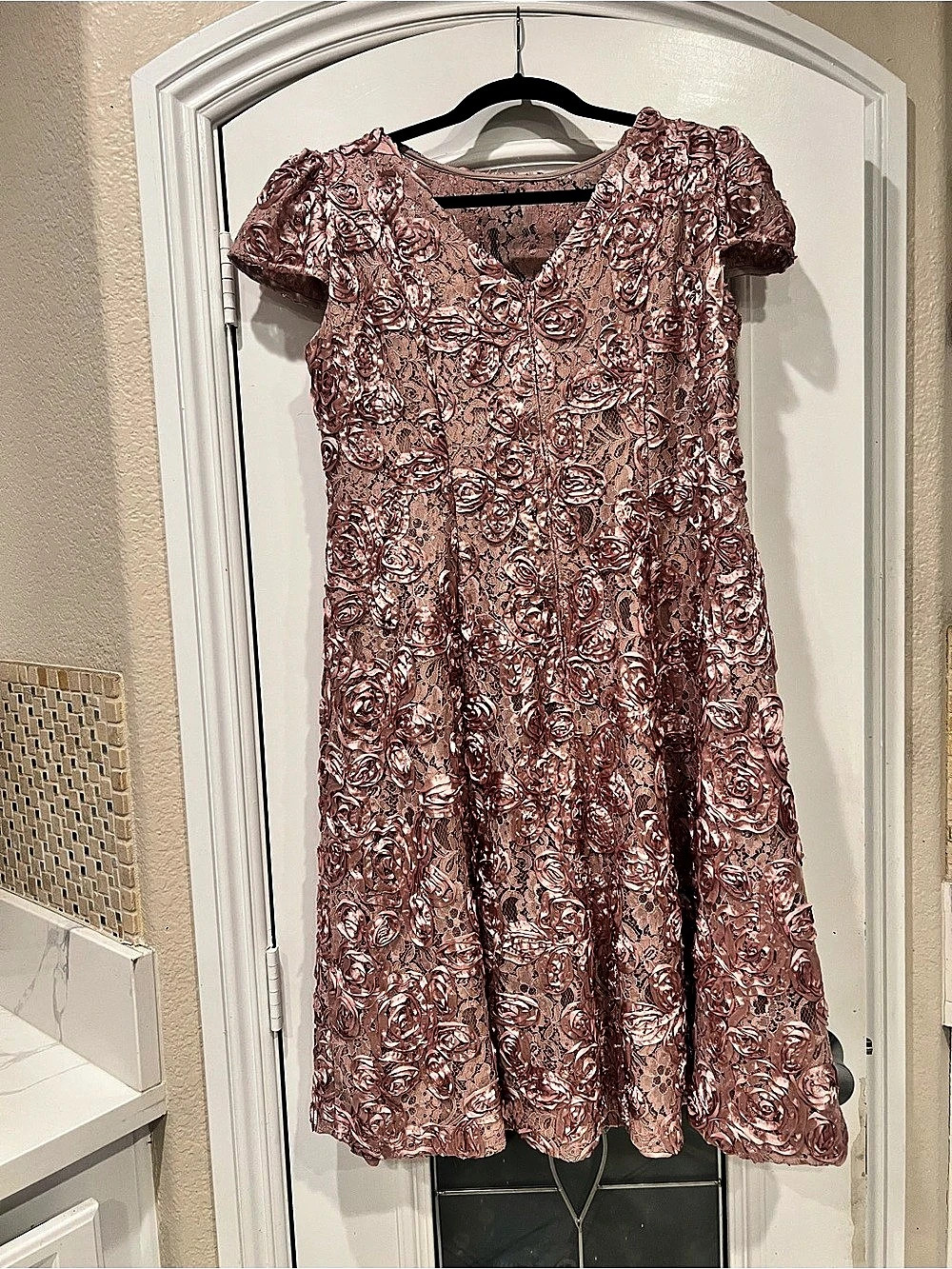Alex Evenings Rosette Lace Short Sleeve Midi Dress Pink 14W